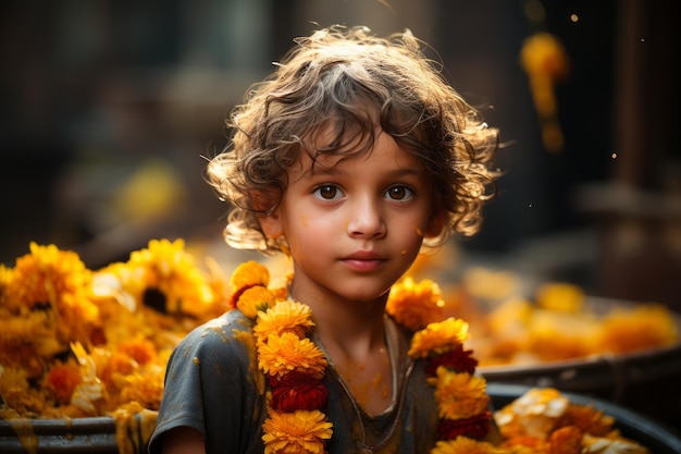 a young boy is surrounded by yellow flowers