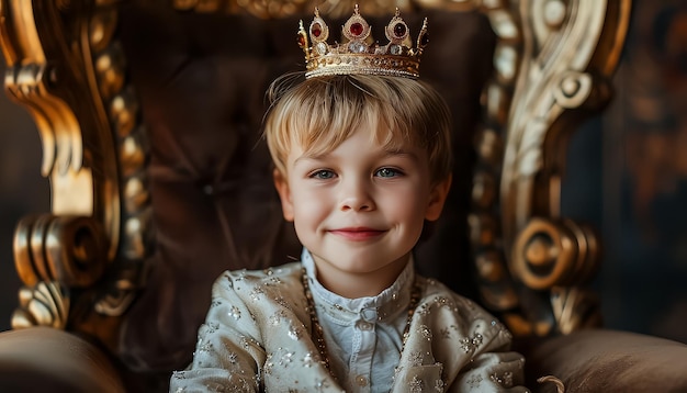 A young boy is wearing a crown and sitting in a chair