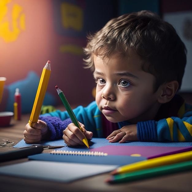 若い男の子が鉛筆で紙に書いています。