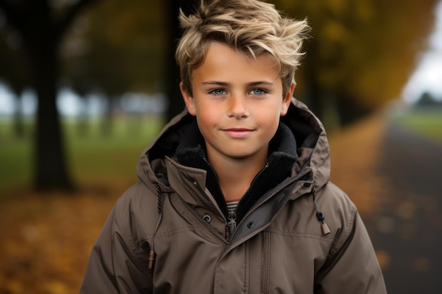 a young boy in a jacket standing in the middle of a road