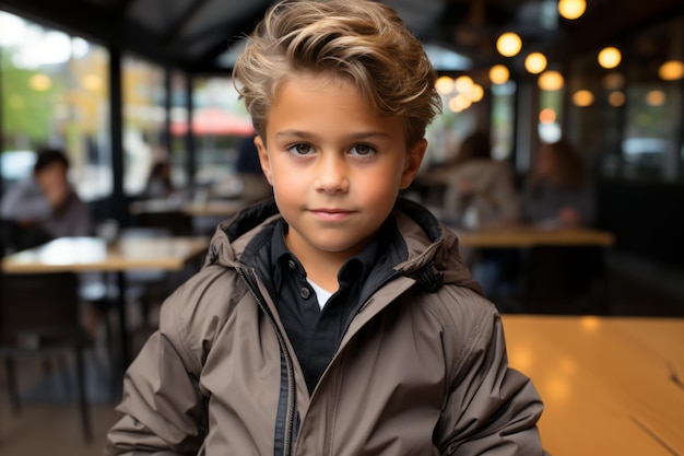 Photo a young boy in a jacket standing in a restaurant