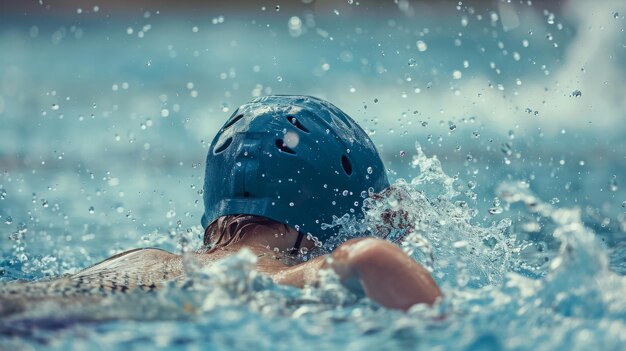 Photo a young boy joyfully swimming in a pool of water on a sunny day splashing and kicking his legs