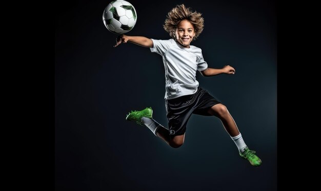 サッカーボール を 持っ て 空 に 飛び上がる 少年