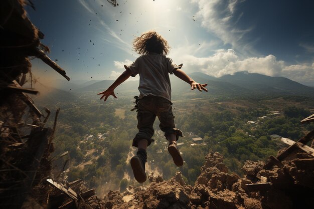 Photo young boy jumping from the edge of a cliff