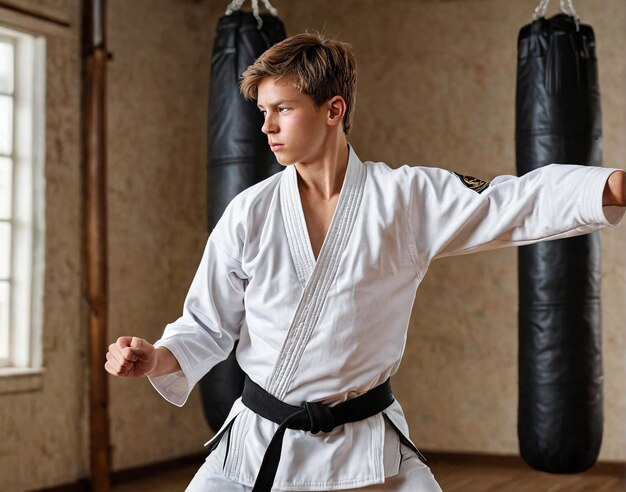 a young boy in a karate outfit is practicing karate