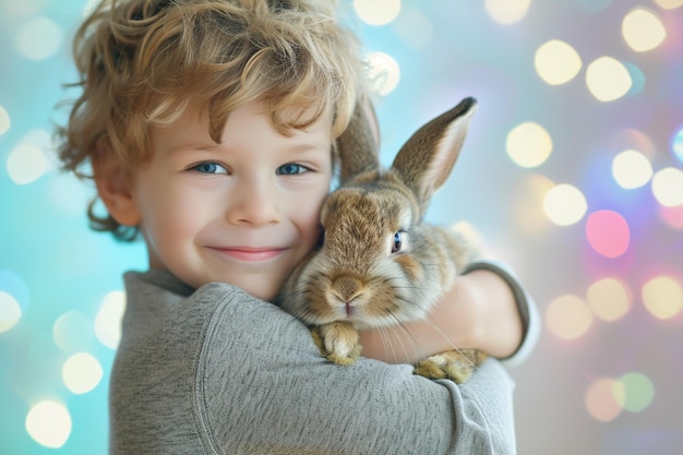 молодой мальчик обнимает милого кролика в стиле боке