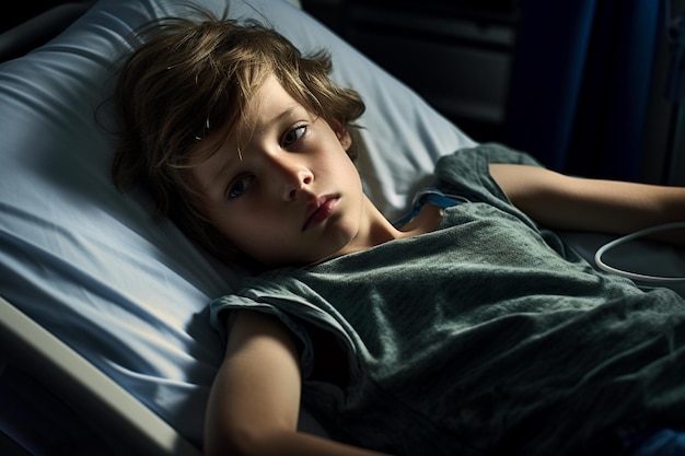 молодой мальчик-пациент лежит на больничной постели