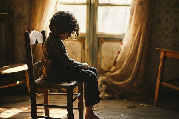 사진 슬픈 표정으로 빈 방에서 혼자 앉아있는 어린 소년