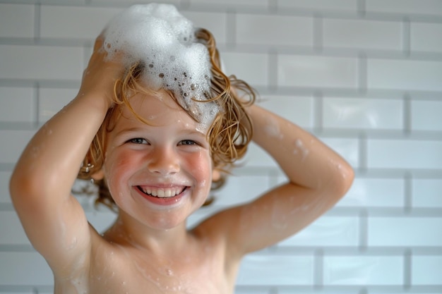 Photo young boy kid washing his hair