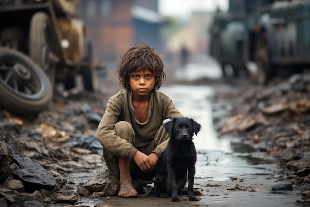 A Young Boy Kneeling Next to a Black Dog