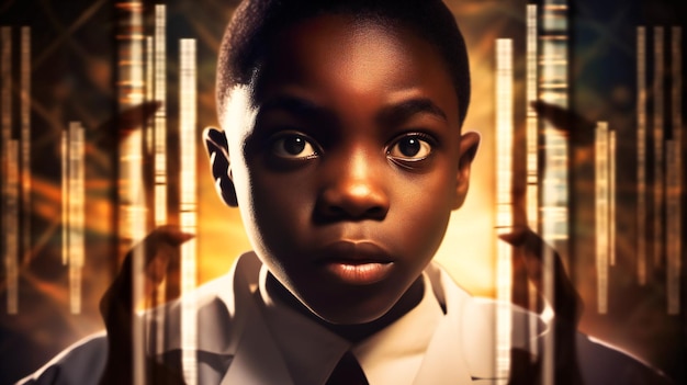 Мальчик в лабораторном халате и галстуке держит пробирку, в которой наука и культура смешиваются с африканским влиянием.