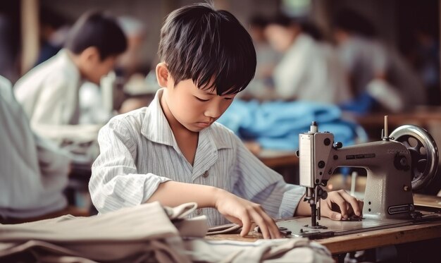 Photo a young boy learning the art of sewing