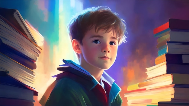 Young boy in the library near the stacks of books The concept of hard studying passing exams Illustration Abstract style AI generation