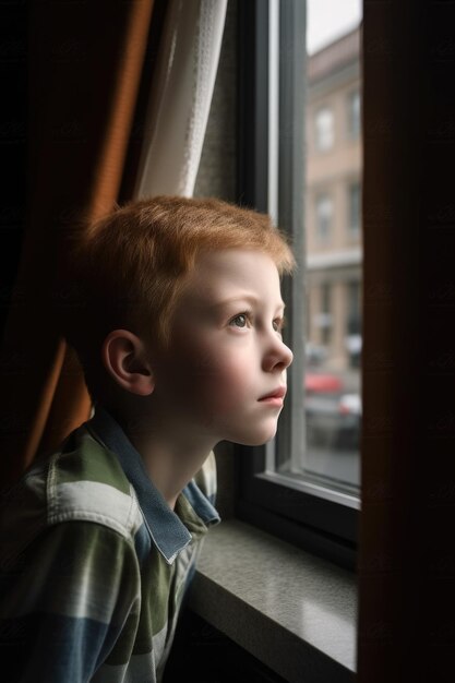 A young boy looking out of his hotel window created with generative ai