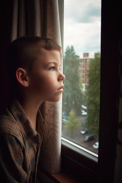 生成 AI で作成されたホテルの窓から外を眺める少年