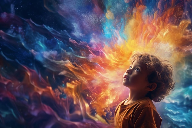 a young boy looking up at a colorful painting generative ai