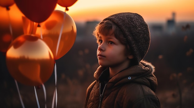 A young boy looks at balloons in the sunset