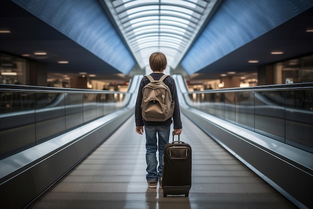 Young boy luggage walking down escalator Alone trip Generate Ai