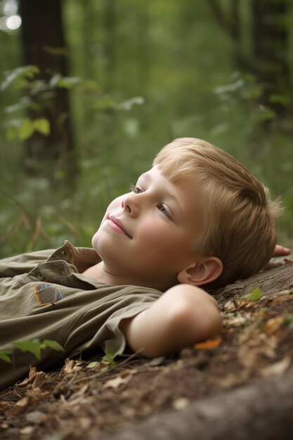 A young boy lying down and relaxing outdoors created with generative ai