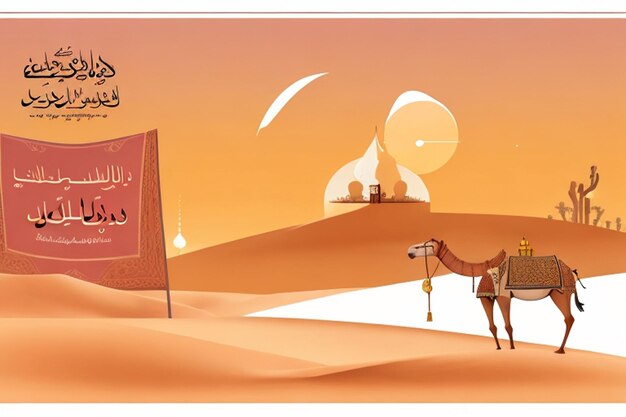 Young boy muslim riding with camel in desert happy islamic new year flat vector illustration isolated