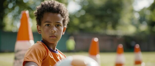 Photo a young boy in an orange shirt holding a soccer ball