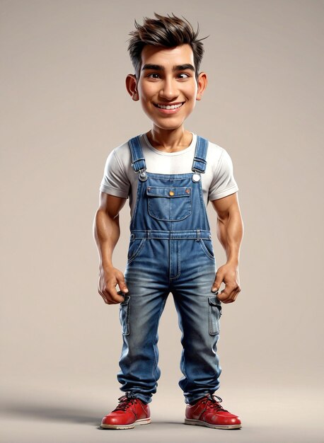 a young boy in overalls and a white t shirt standing with his hands on his hips