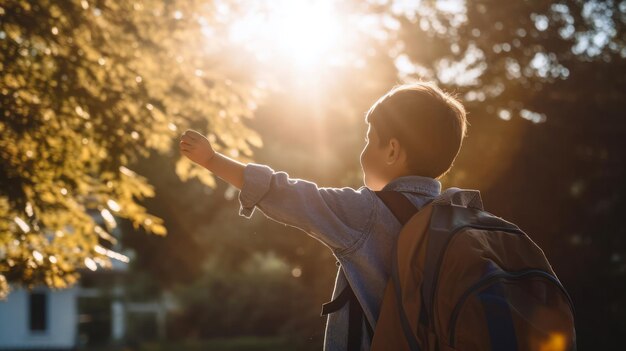 夕暮れの公園にいる少年