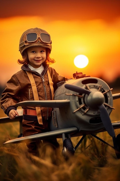 パイロットスーツを着た少年がモデル飛行機の隣に立っている