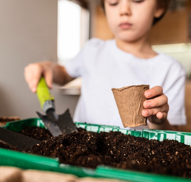 写真 家で作物を植える少年