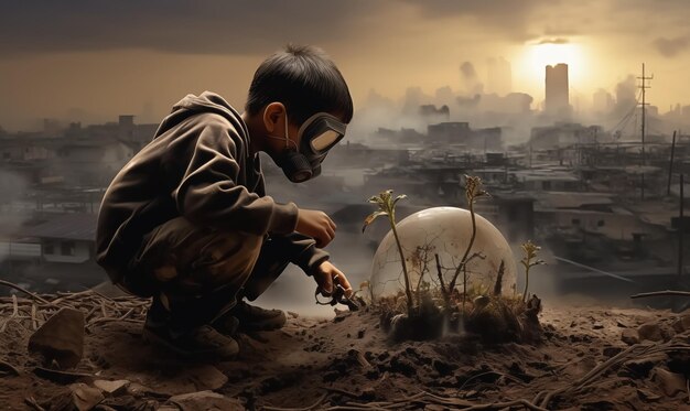 Photo a young boy planting a plant with a gas breathing mask across it in the style of apocalypse art indian pop culture photo hyper realistic