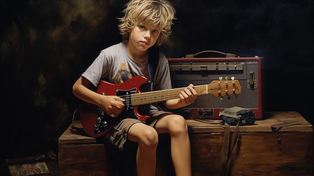 a young boy playing box guitar