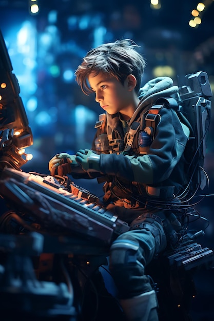 A young boy playing a futuristic cyberpunk video game on a r digital native gen alpha poor concept