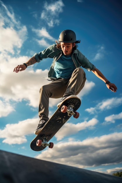 푸른 하늘을 배경으로 스케이트보드를 타는 어린 소년
