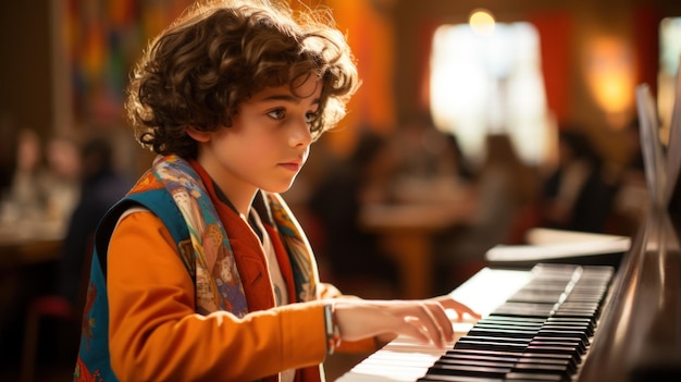 Young boy playing a toy piano with enthusiasm