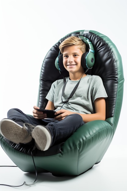 Young boy playing a video game isolated on white or transparent background AI Generated