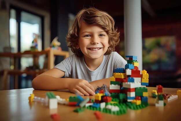 Young boy playing with blocks while smiling behind him