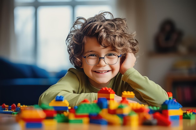 Young boy playing with lego blocks while smiling behind him