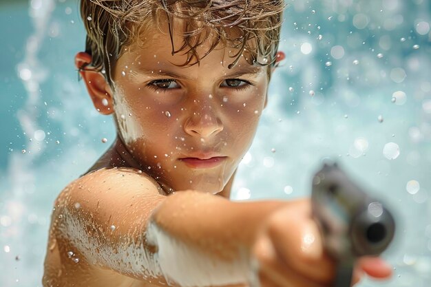 Фото Мальчик играет с водяным пистолетом в бассейне