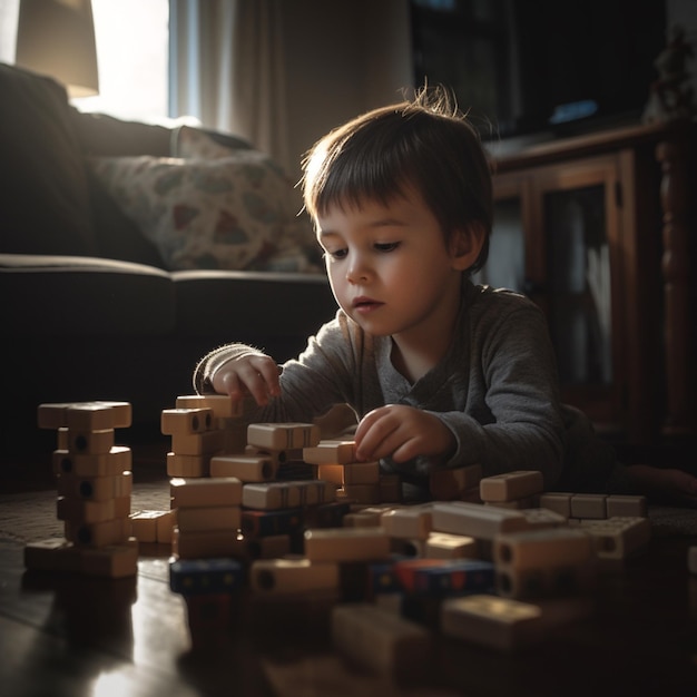 A young boy plays with wooden blocks on the floor.