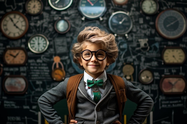 a young boy posing in front of chalkboard