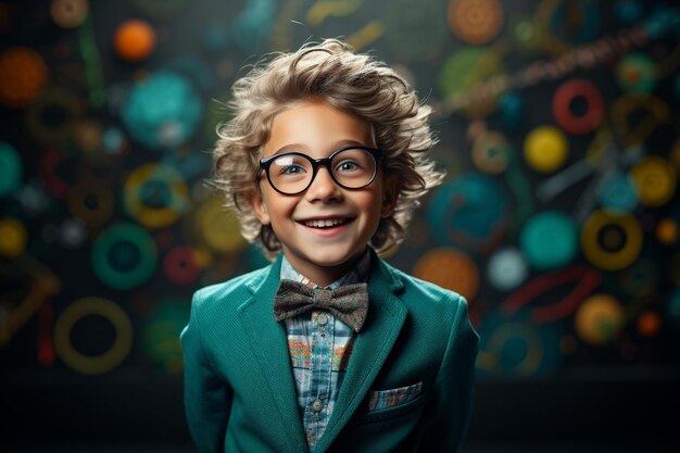 Photo a young boy posing in front of chalkboard