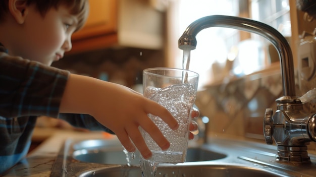 Foto un ragazzino che versa acqua in un bicchiere adatto per l'uso in materiali educativi o contenuti relativi alla salute