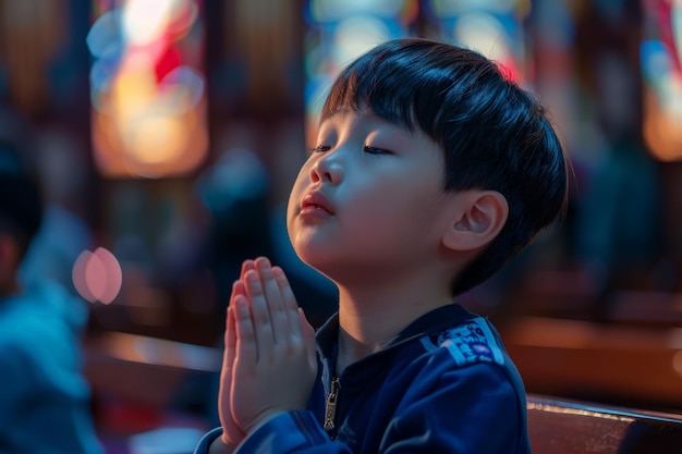 教会 で 祈っ て いる 少年