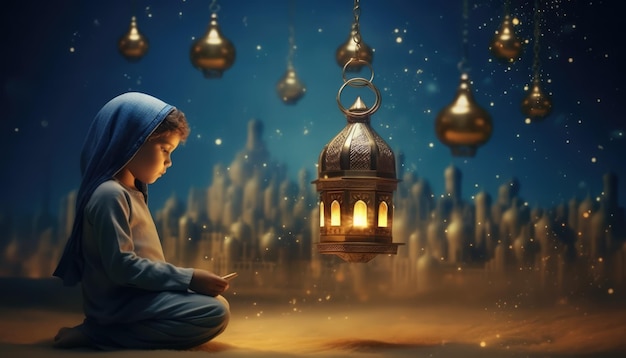 A young boy prays in front of a mosque with a lantern in the background