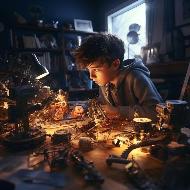 Foto un giovane ragazzo che programma un robot con componenti elettronici usurati ingeni digital native gen alpha poor concept