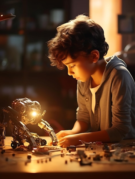 A young boy programming a robot with worn parts focused and digital native gen alpha poor concept