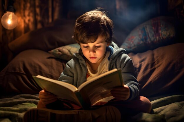 Photo a young boy reading a book on a bed generative ai