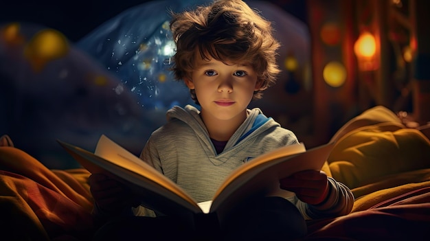 세계 책의 날 침대에서 책을 읽는 어린 소년