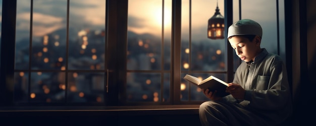 A young boy reading a book by the window