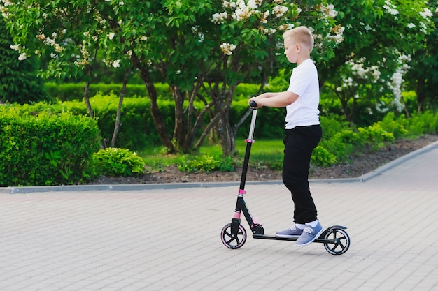 A young boy rides a scooter in the park in the summer. High quality photo